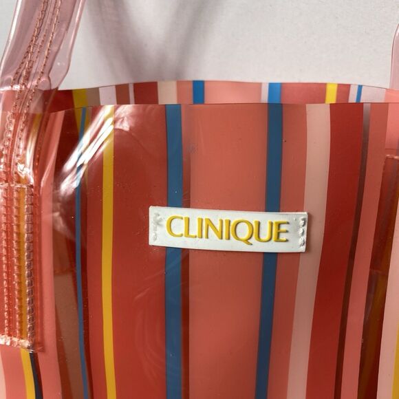 Clinique Beach Tote Bag Peach Pink Red Yellow Blue Multicolored PVC 13.5”x16”x4” - Picture 4 of 4